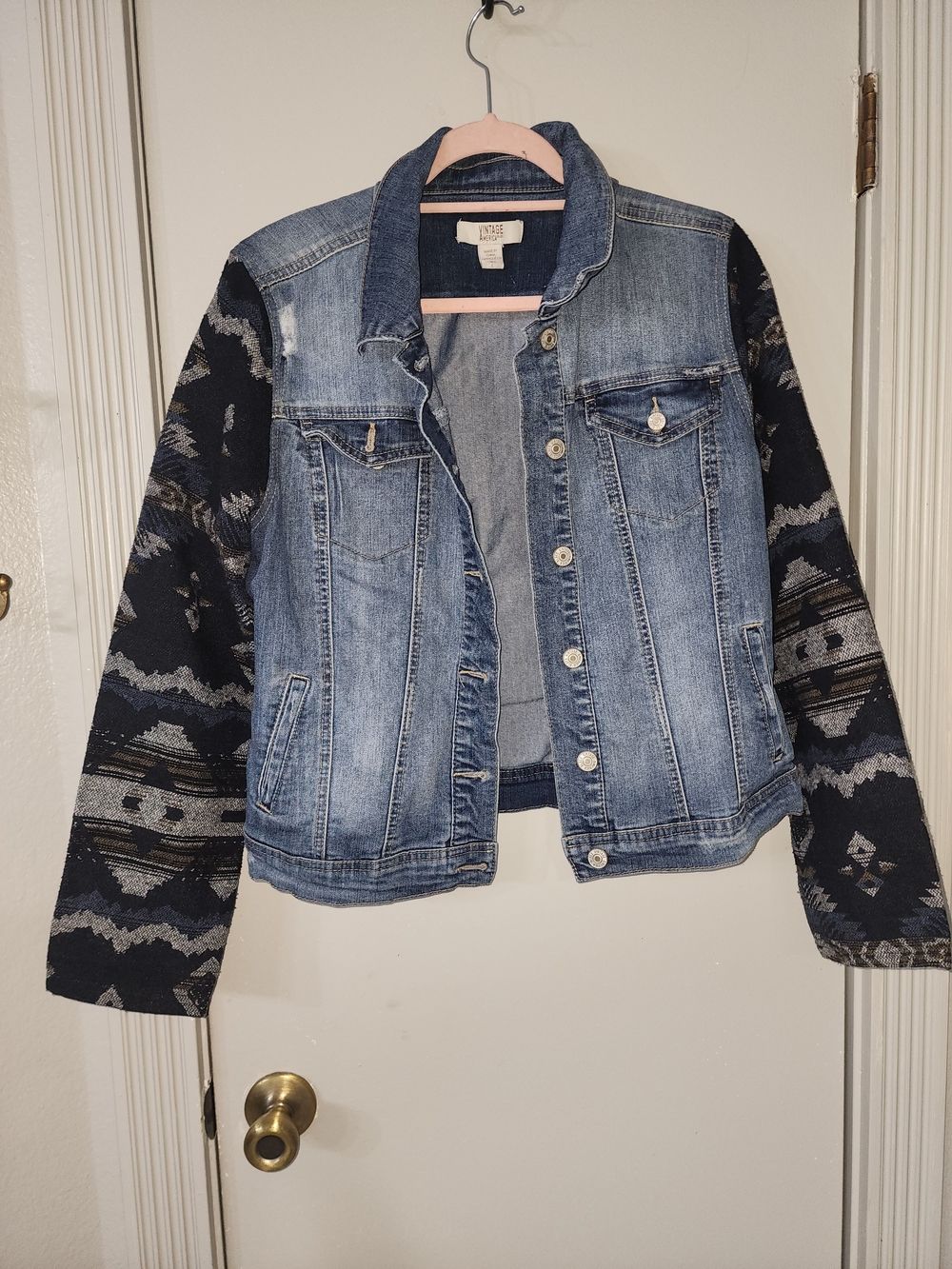 Vintage America Light Blue Denim Jacket with Navy Patterned Sleeves